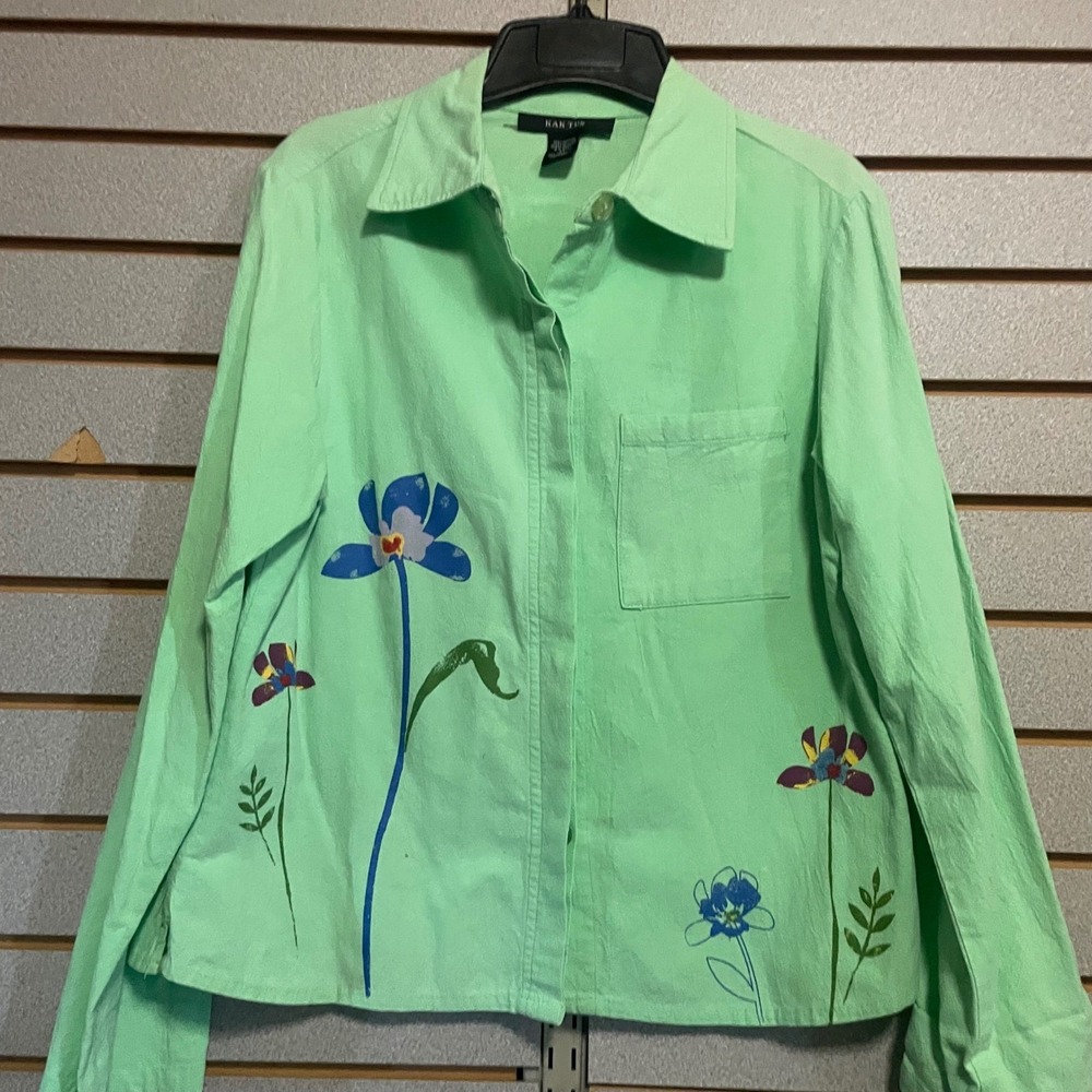 Kak Tus Mint Green Cotton Floral Painted Roll Tab‎ Button Down Shirt Medium